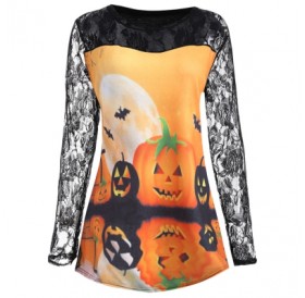 Plus Size Halloween Pumpkin Moon Lace Insert T-Shirt