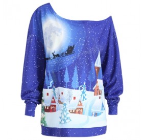 Plus Size Christmas Evening Printed Skew Neck Sweatshirt