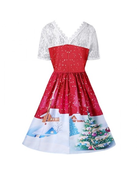 Christmas Plus Size Lace Yoke Swing Dress