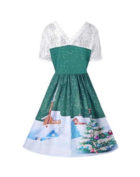 Christmas Plus Size Lace Yoke Swing Dress