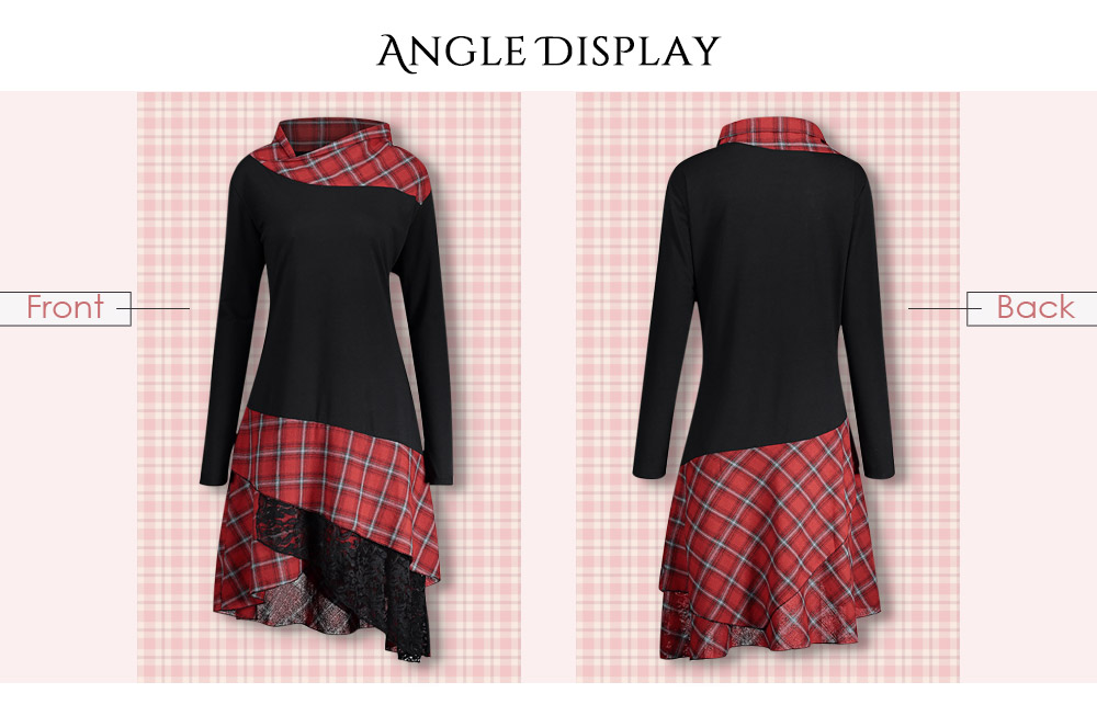 Stand Collar Long Sleeve Plaid Spliced Lace Plus Size Women Dress